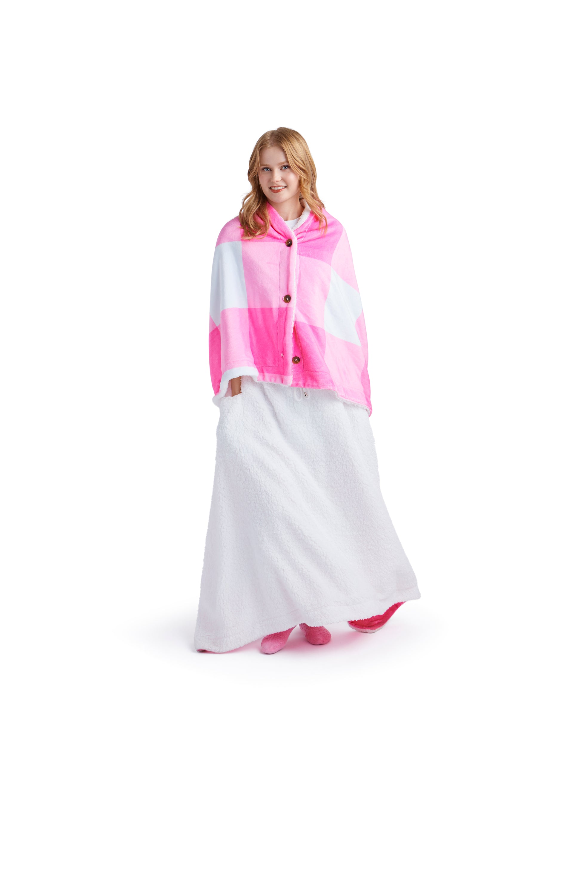 Warmzie wearable blanket - hoodie blanket - heated blanket - flannel - sherpa - pink - light pink - model girl 